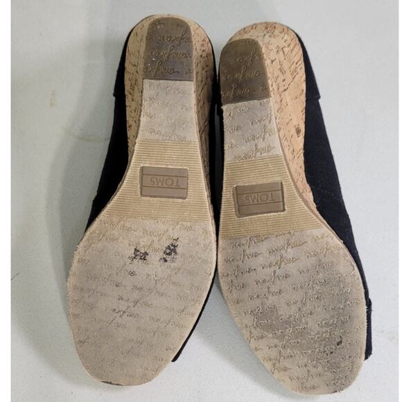 Toms Sandals Womens Size 8 Michelle Black Canvas Wedges Cork Heel Peep-Toe - Picture 3 of 9